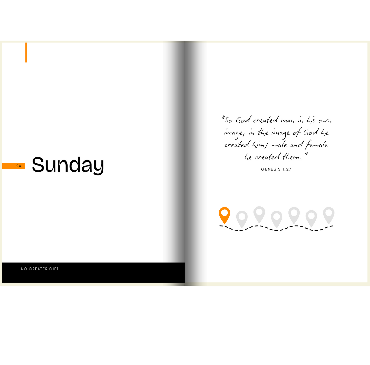 Open book showing 'Sunday' page and a biblical quote, with icons on the right. No Greater Gift: A Prayer Guide for Catholics