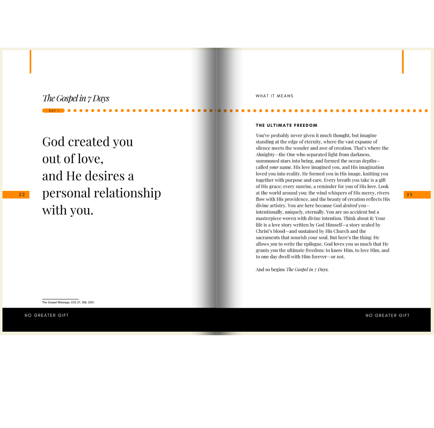 Open book with text on a white background. No Greater Gift: A Prayer Guide for Catholics - The Sanderson Press Store