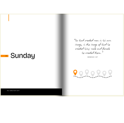 Open book showing 'Sunday' page and a biblical quote, with icons on the right. No Greater Gift: A Prayer Guide for Catholics
